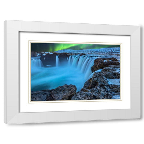 Iceland Aurora borealis and the Godafoss Waterfall White Modern Wood Framed Art Print with Double Matting by Jaynes Gallery
