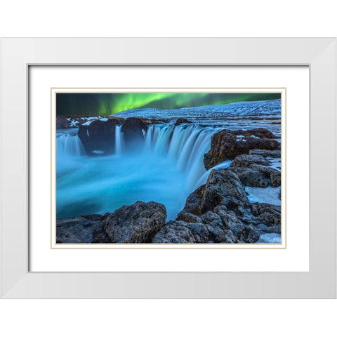 Iceland Aurora borealis and the Godafoss Waterfall White Modern Wood Framed Art Print with Double Matting by Jaynes Gallery