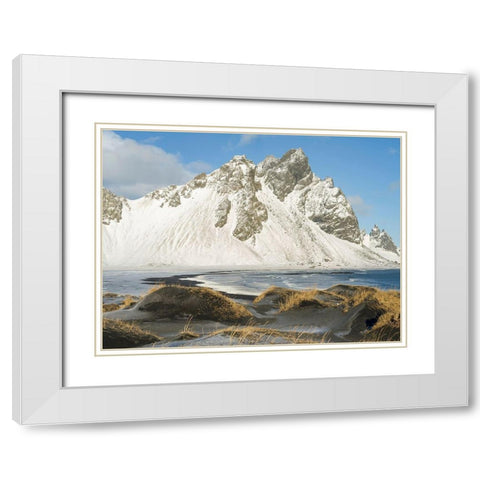 Coastal landscape with dunes at iconic Stokksnes during winter and stormy conditions Iceland White Modern Wood Framed Art Print with Double Matting by Zwick, Martin