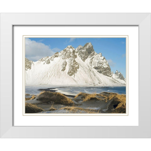 Coastal landscape with dunes at iconic Stokksnes during winter and stormy conditions Iceland White Modern Wood Framed Art Print with Double Matting by Zwick, Martin