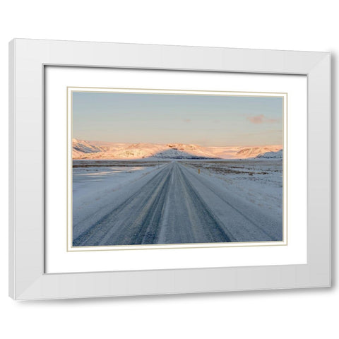 Landscape with country road near Hoffell during winter in Hornafjoerdur area White Modern Wood Framed Art Print with Double Matting by Zwick, Martin