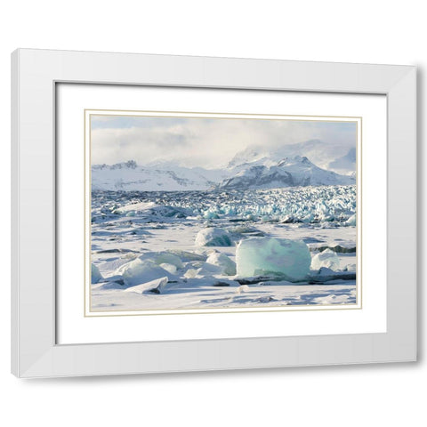 Northern shore of glacial lagoon Jokulsarlon with glacier Breidamerkurjokull White Modern Wood Framed Art Print with Double Matting by Zwick, Martin
