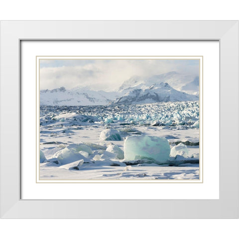 Northern shore of glacial lagoon Jokulsarlon with glacier Breidamerkurjokull White Modern Wood Framed Art Print with Double Matting by Zwick, Martin