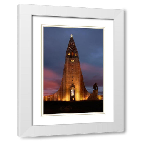 Reykjavik-Iceland Hallgrimskirkja church with statue of Leif Erikson White Modern Wood Framed Art Print with Double Matting by Steve Mohlenkamp