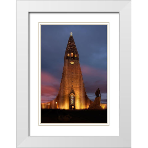 Reykjavik-Iceland Hallgrimskirkja church with statue of Leif Erikson White Modern Wood Framed Art Print with Double Matting by Steve Mohlenkamp