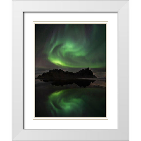 Northern Lights above Vestrahorn beach near Hofn in the southeast of Iceland White Modern Wood Framed Art Print with Double Matting by Steve Mohlenkamp