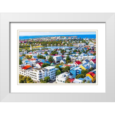 Small Tjornin Lake blue Ocean Sea Colorful blue red white green Houses Streets-Reykjavik-Iceland White Modern Wood Framed Art Print with Double Matting by Perry, William