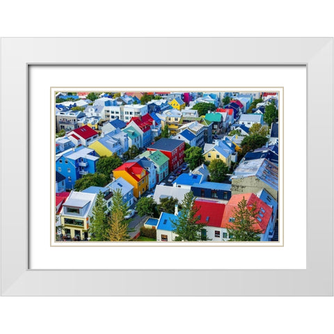 Colorful red green blue yellow Houses Cars Streets-Reykjavik-Iceland White Modern Wood Framed Art Print with Double Matting by Perry, William