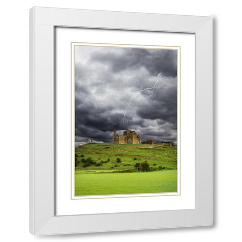 Ireland, Tipperary Lightning over Rock of Cashel White Modern Wood Framed Art Print with Double Matting by Flaherty, Dennis