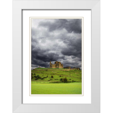 Ireland, Tipperary Lightning over Rock of Cashel White Modern Wood Framed Art Print with Double Matting by Flaherty, Dennis