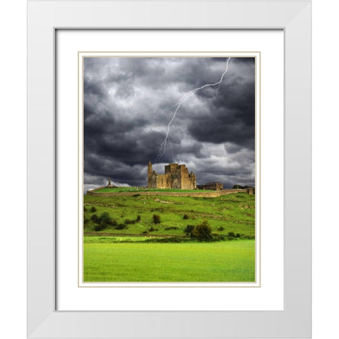 Ireland, Tipperary Lightning over Rock of Cashel White Modern Wood Framed Art Print with Double Matting by Flaherty, Dennis