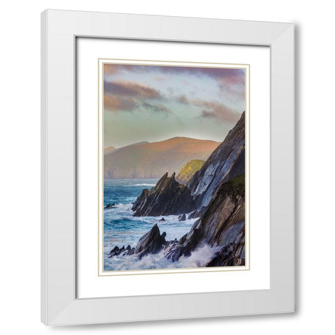 Waves crash into cliffs on Dunmore Head with Blasket Islands on the Dingle Peninsula-Ireland White Modern Wood Framed Art Print with Double Matting by Haney, Chuck