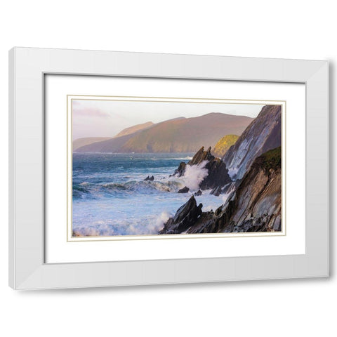 Waves crash into cliffs on Dunmore Head with Blasket Islands on the Dingle Peninsula-Ireland White Modern Wood Framed Art Print with Double Matting by Haney, Chuck