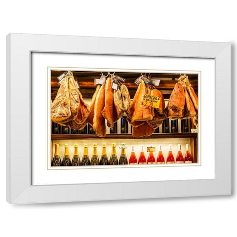 Italy-Rome Piazza della Rotunda-meat (hams) and wine for sale at Salami Antica White Modern Wood Framed Art Print with Double Matting by Jones, Alison