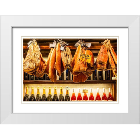 Italy-Rome Piazza della Rotunda-meat (hams) and wine for sale at Salami Antica White Modern Wood Framed Art Print with Double Matting by Jones, Alison