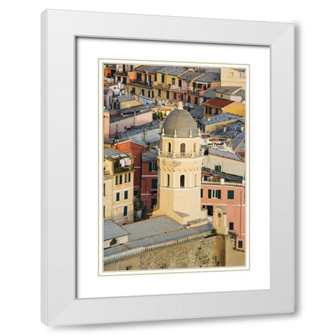 Italy, Vernazza Cathedral and city buildings White Modern Wood Framed Art Print with Double Matting by Flaherty, Dennis