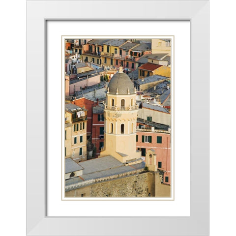 Italy, Vernazza Cathedral and city buildings White Modern Wood Framed Art Print with Double Matting by Flaherty, Dennis