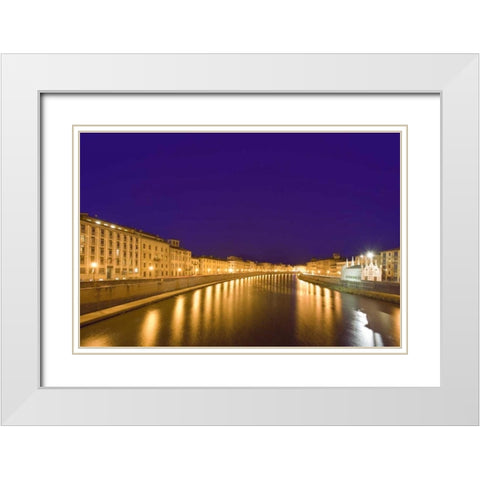 Italy, Pisa Lights reflect on the Arno River White Modern Wood Framed Art Print with Double Matting by Flaherty, Dennis