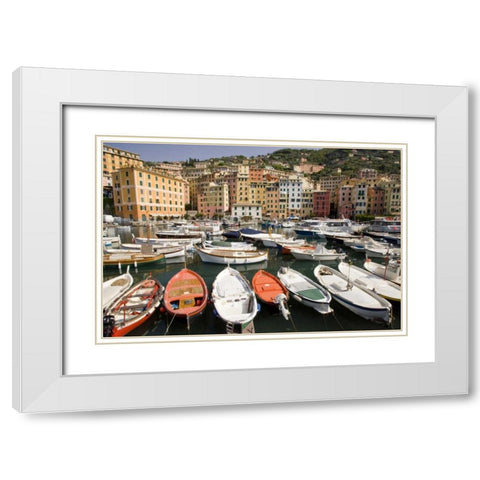 Italy, Camogli Boats moored in harbor White Modern Wood Framed Art Print with Double Matting by Kaveney, Wendy