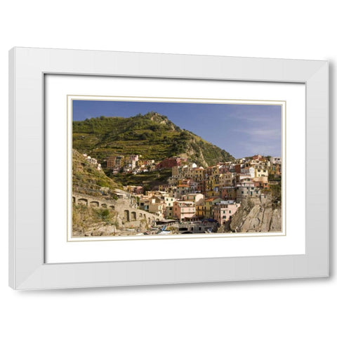 Italy, Manarola Town and terraced vineyards White Modern Wood Framed Art Print with Double Matting by Kaveney, Wendy