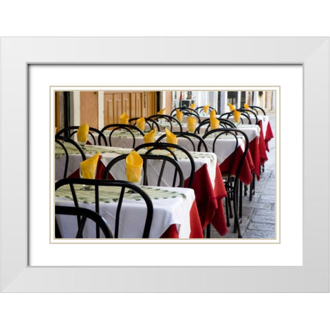 Italy, Venice A row of tables at an outdoor cafe White Modern Wood Framed Art Print with Double Matting by Kaveney, Wendy