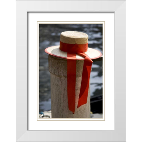 Italy, Venice Colorful gondoliers hat on piling White Modern Wood Framed Art Print with Double Matting by Kaveney, Wendy