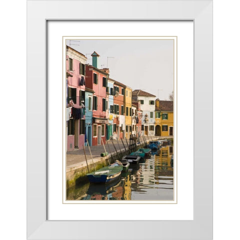 Italy, Burano Colorful houses of line a canal White Modern Wood Framed Art Print with Double Matting by Kaveney, Wendy