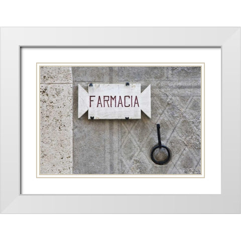 Italy, Tuscany, Pienza Pharmacy sign on wall White Modern Wood Framed Art Print with Double Matting by Flaherty, Dennis