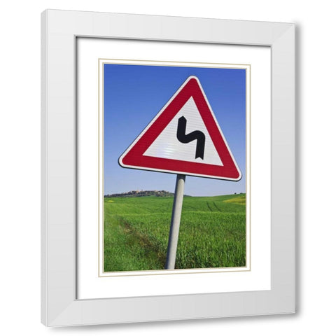 Italy, Tuscany, Pienza Road sign warning White Modern Wood Framed Art Print with Double Matting by Flaherty, Dennis