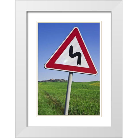 Italy, Tuscany, Pienza Road sign warning White Modern Wood Framed Art Print with Double Matting by Flaherty, Dennis
