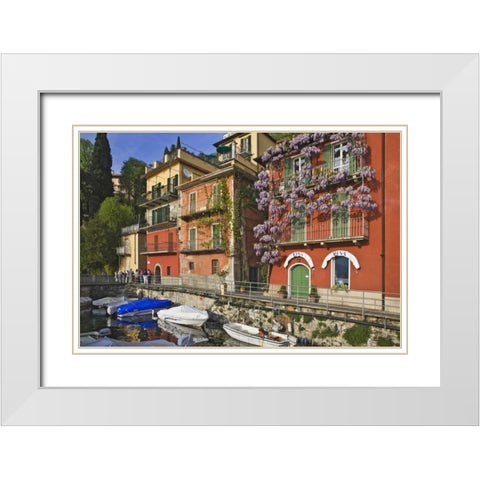 Italy, Varenna Boats moored in village harbor White Modern Wood Framed Art Print with Double Matting by Flaherty, Dennis