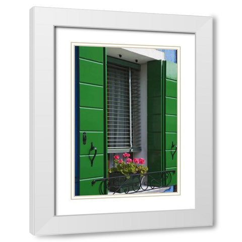 Italy, Venice Flowerbox and window shutters White Modern Wood Framed Art Print with Double Matting by Flaherty, Dennis