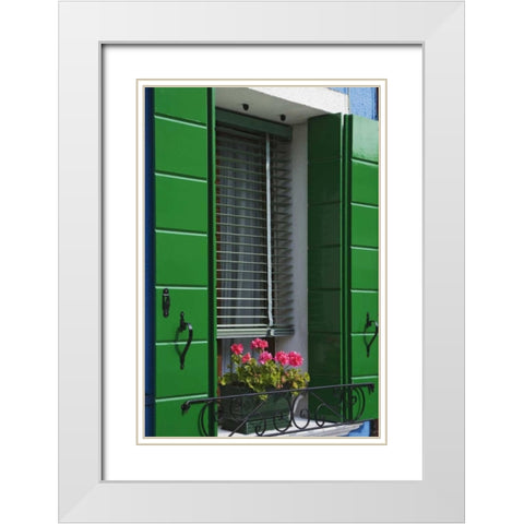 Italy, Venice Flowerbox and window shutters White Modern Wood Framed Art Print with Double Matting by Flaherty, Dennis