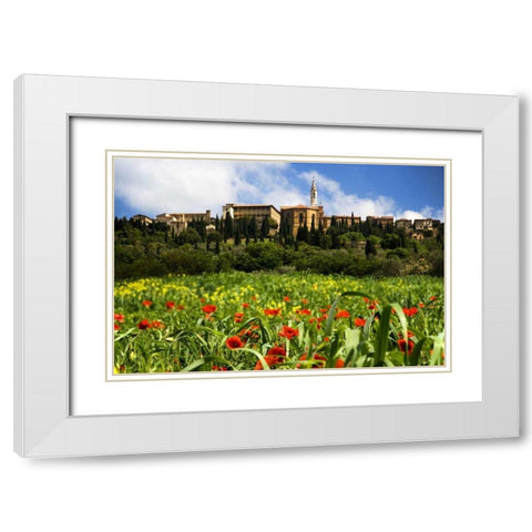 Italy, Poppies bloom below Pienza village White Modern Wood Framed Art Print with Double Matting by Flaherty, Dennis