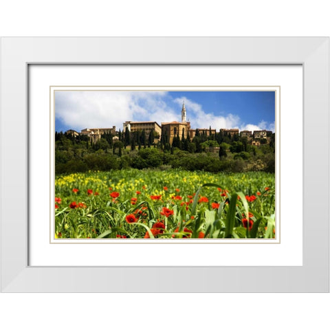 Italy, Poppies bloom below Pienza village White Modern Wood Framed Art Print with Double Matting by Flaherty, Dennis