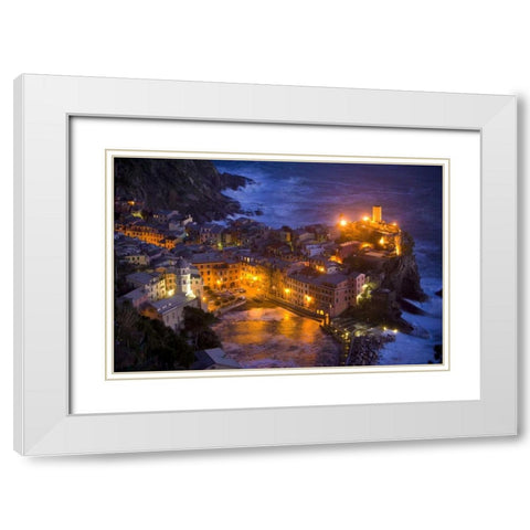 Italy, Vernazza, Cinque Terra City lit at night White Modern Wood Framed Art Print with Double Matting by Zuckerman, Jim