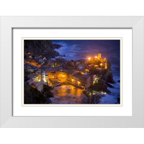 Italy, Vernazza, Cinque Terra City lit at night White Modern Wood Framed Art Print with Double Matting by Zuckerman, Jim