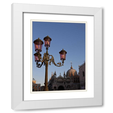 Italy, Venice Ornate lamp on St Marks Square White Modern Wood Framed Art Print with Double Matting by Young, Bill