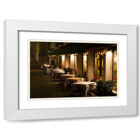 Italy, Venice Restaurant tables lit at night White Modern Wood Framed Art Print with Double Matting by Young, Bill
