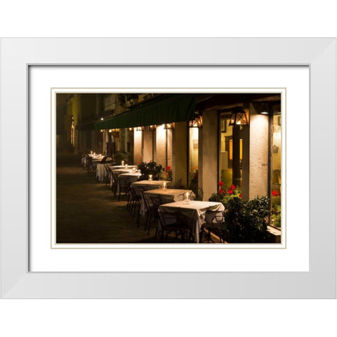 Italy, Venice Restaurant tables lit at night White Modern Wood Framed Art Print with Double Matting by Young, Bill