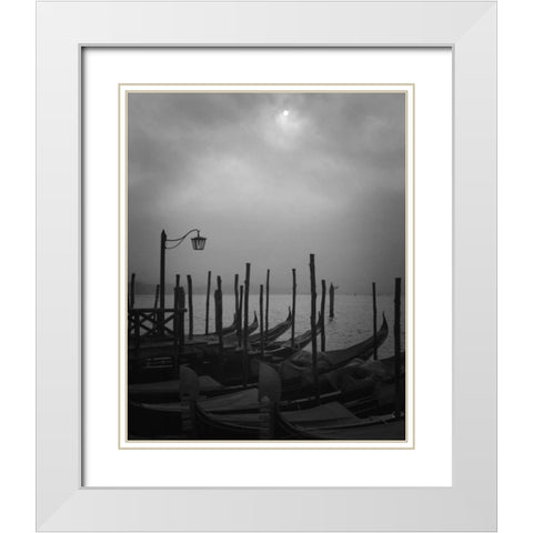 Europe, Italy, Venice Moored gondolas and fog White Modern Wood Framed Art Print with Double Matting by Young, Bill