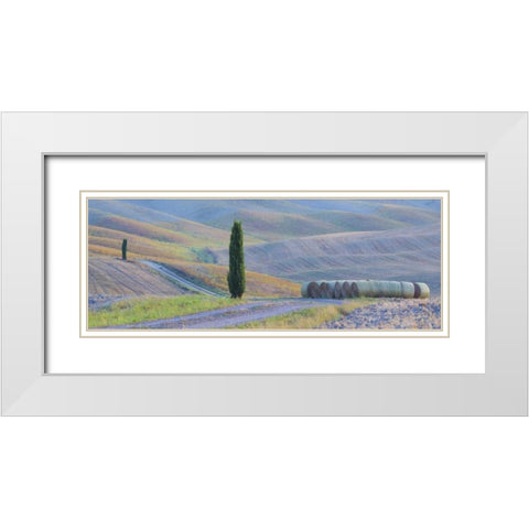 Italy, Tuscany Hay bales and farmland White Modern Wood Framed Art Print with Double Matting by Delisle, Gilles