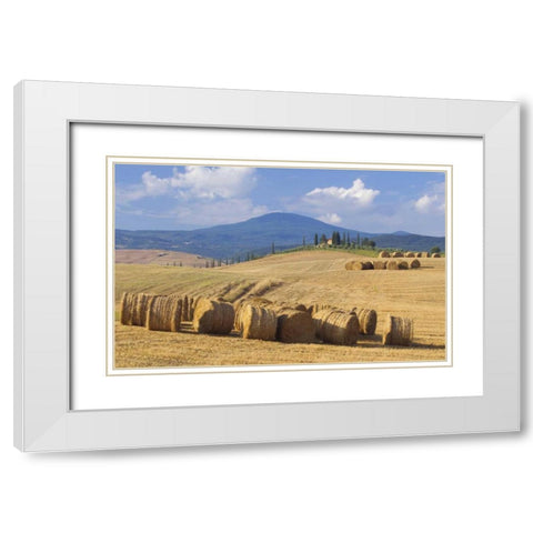 Italy, San Quirico dOrcia Bales of hay and farm White Modern Wood Framed Art Print with Double Matting by Delisle, Gilles