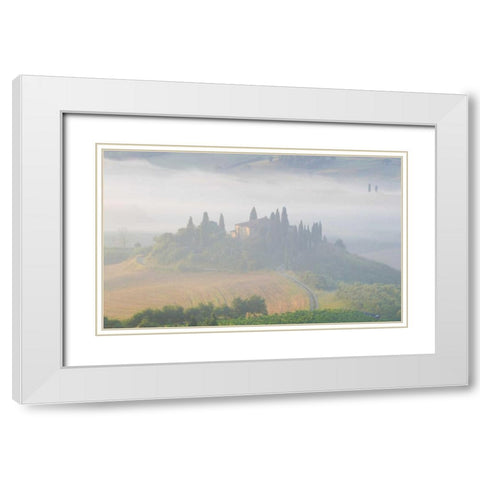 Italy, Tuscany Belvedere house in morning fog White Modern Wood Framed Art Print with Double Matting by Delisle, Gilles