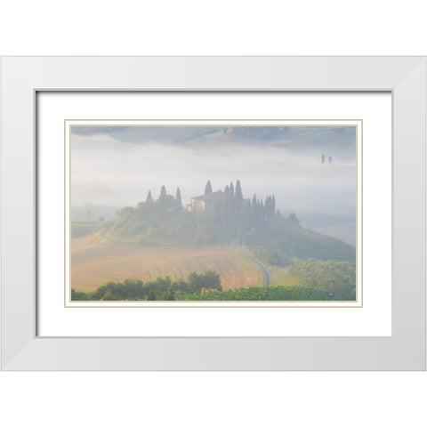 Italy, Tuscany Belvedere house in morning fog White Modern Wood Framed Art Print with Double Matting by Delisle, Gilles