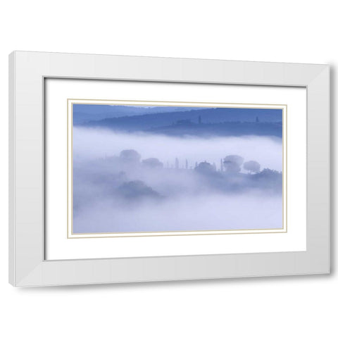 Italy, Tuscany, Pienza Morning fog over town White Modern Wood Framed Art Print with Double Matting by Delisle, Gilles