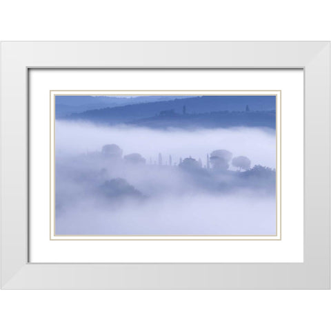 Italy, Tuscany, Pienza Morning fog over town White Modern Wood Framed Art Print with Double Matting by Delisle, Gilles