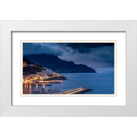 Europe-Italy-Campania-Sunset on town and Amalfi Coast White Modern Wood Framed Art Print with Double Matting by Jaynes Gallery