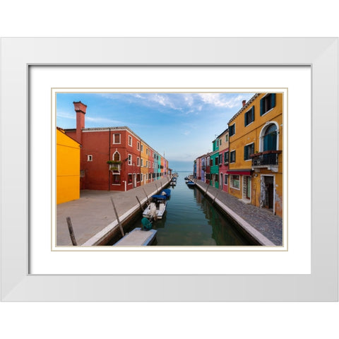 Europe-Italy-Venice-Houses and boats on canal in Burano White Modern Wood Framed Art Print with Double Matting by Jaynes Gallery