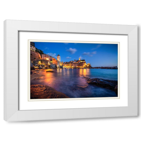 Europe-Italy-Vernazza-Landscape with village and ocean at sunset White Modern Wood Framed Art Print with Double Matting by Jaynes Gallery